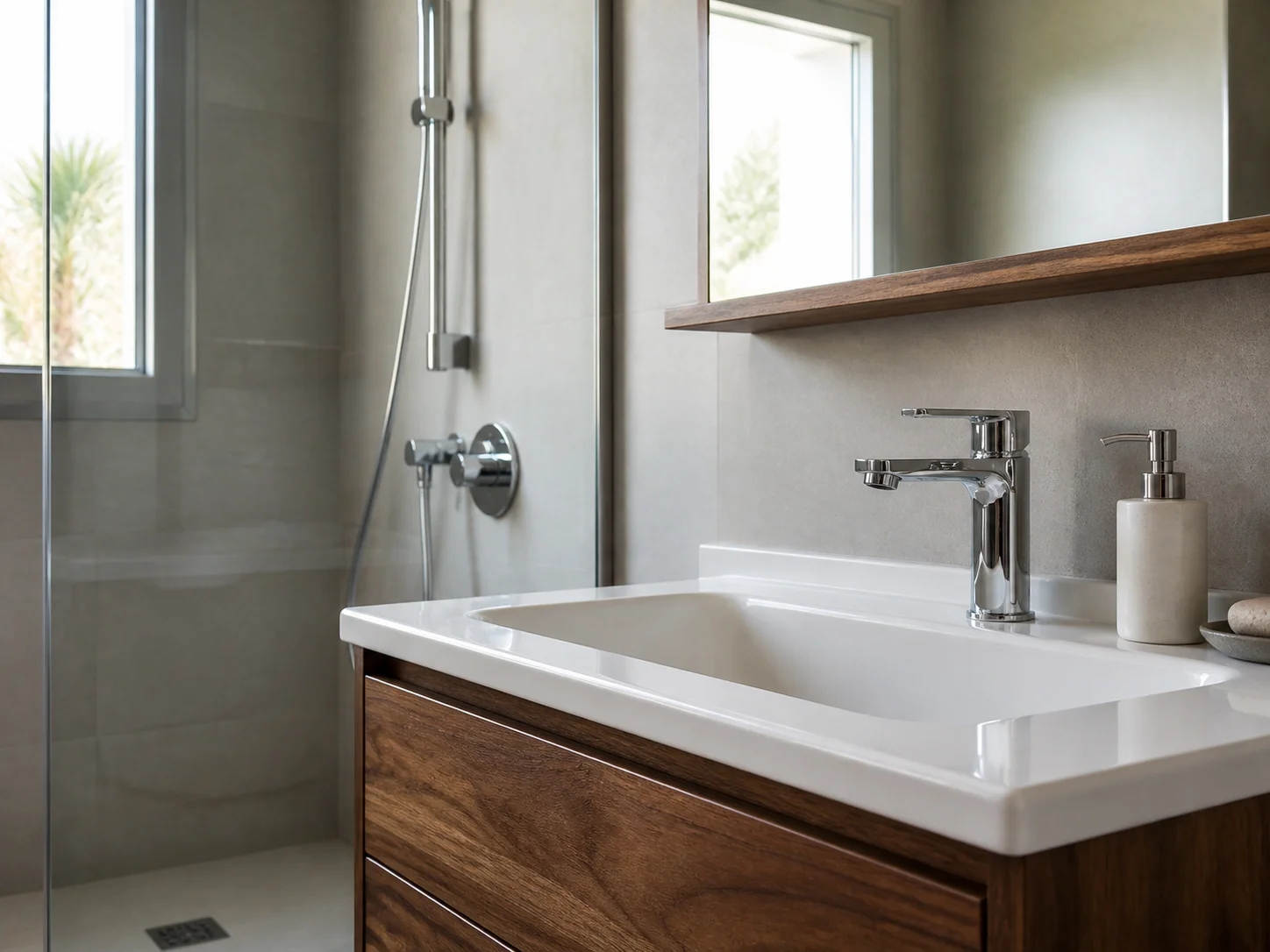 Inspiration salle de bain : robinet chromé, vasque blanche et douche à l’italienne